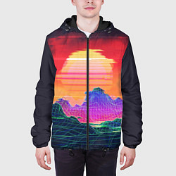 Куртка с капюшоном мужская Синтвейв неоновые горы на закате, цвет: 3D-черный — фото 2