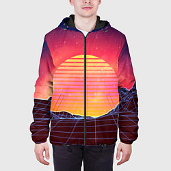 Куртка с капюшоном мужская Абстрактные 3D неоновые горы на закате, цвет: 3D-черный — фото 2