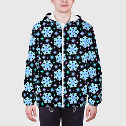 Куртка с капюшоном мужская Яркие зимние снежинки с цветными звездами, цвет: 3D-белый — фото 2