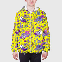 Куртка с капюшоном мужская Птички и цветы на желтом, цвет: 3D-белый — фото 2