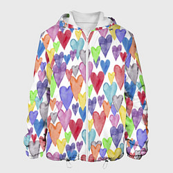Куртка с капюшоном мужская Разноцветные сердечки Калейдоскоп, цвет: 3D-белый