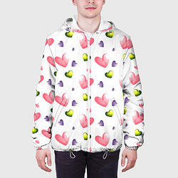 Куртка с капюшоном мужская Акварельные сердечки - паттерн, цвет: 3D-белый — фото 2