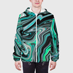 Куртка с капюшоном мужская Черно-зеленый флюид арт, цвет: 3D-белый — фото 2