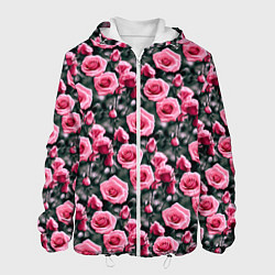 Куртка с капюшоном мужская Кусты розовых роз на сером фоне, цвет: 3D-белый