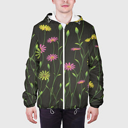Куртка с капюшоном мужская Полевые цветочки на темном фоне, цвет: 3D-белый — фото 2