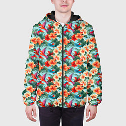 Куртка с капюшоном мужская Гавайские цветы и птицы, цвет: 3D-черный — фото 2
