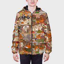 Куртка с капюшоном мужская Коллаж из сказочных зверей - совы, белки, ёжики, цвет: 3D-черный — фото 2