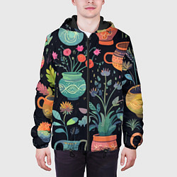 Куртка с капюшоном мужская Паттерн из цветочных горшков, цвет: 3D-черный — фото 2
