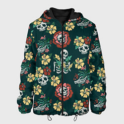 Куртка с капюшоном мужская Скелеты и черепа среди цветов, цвет: 3D-черный