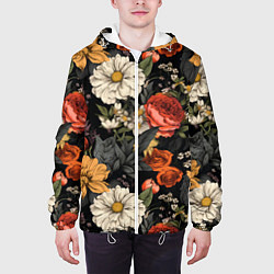 Куртка с капюшоном мужская Цветочный паттерн на черном, цвет: 3D-белый — фото 2