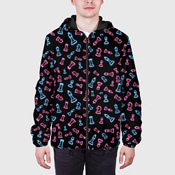 Куртка с капюшоном мужская Неоновые розовые и голубые шахматные фигуры на чер, цвет: 3D-черный — фото 2