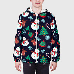 Куртка с капюшоном мужская Снеговички с рождественскими оленями и елками, цвет: 3D-белый — фото 2