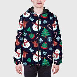 Куртка с капюшоном мужская Снеговички с рождественскими оленями и елками, цвет: 3D-черный — фото 2