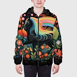 Куртка с капюшоном мужская Лошадка с радужной гривой в стиле фолк-арт, цвет: 3D-черный — фото 2