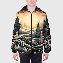 Куртка с капюшоном мужская Зимний предновогодний пейзаж, цвет: 3D-черный — фото 2
