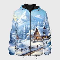 Куртка с капюшоном мужская Новогодняя зимняя деревня, цвет: 3D-черный