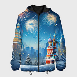 Куртка с капюшоном мужская Новогодняя Москва, цвет: 3D-черный
