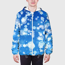 Куртка с капюшоном мужская Декоративные снежинки на синем, цвет: 3D-белый — фото 2