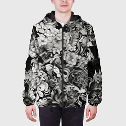 Куртка с капюшоном мужская Чёрно белый цветочны узор, цвет: 3D-черный — фото 2