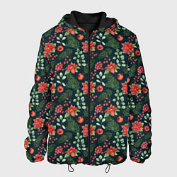 Куртка с капюшоном мужская Новогодние цветы, цвет: 3D-черный