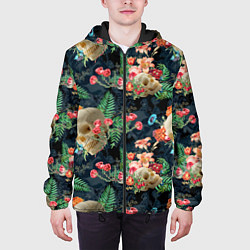 Куртка с капюшоном мужская Узор из черепов с цветами и листьями, цвет: 3D-черный — фото 2