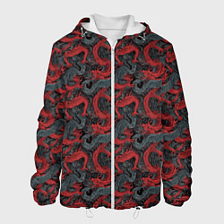 Куртка с капюшоном мужская Красные драконы на сером фоне, цвет: 3D-белый