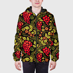 Куртка с капюшоном мужская Хохломская роспись красные ягоды, цвет: 3D-черный — фото 2