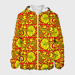Куртка с капюшоном мужская Хохломская роспись золотистые цветы и ягоды на кра, цвет: 3D-белый