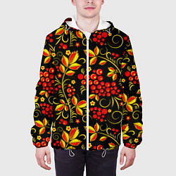 Куртка с капюшоном мужская Хохломская роспись золотистые листья чёрном фоне, цвет: 3D-белый — фото 2
