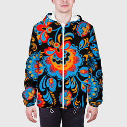 Куртка с капюшоном мужская Хохломская роспись разноцветные цветы на чёроном ф, цвет: 3D-белый — фото 2