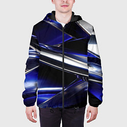 Куртка с капюшоном мужская Синие и серебреные абстрактные полосы, цвет: 3D-черный — фото 2