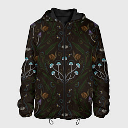Куртка с капюшоном мужская Волшебный лес, грибы, улитки и мотыльки - паттерн, цвет: 3D-черный