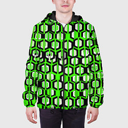 Куртка с капюшоном мужская Техно узор из шестиугольников зелёный, цвет: 3D-черный — фото 2