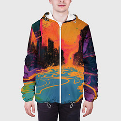 Куртка с капюшоном мужская Абстрактная городская улица со зданиями и река, цвет: 3D-белый — фото 2