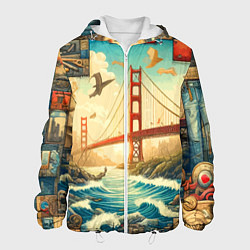 Куртка с капюшоном мужская Мост через реку и пэчворк - нейросеть арт USA brid, цвет: 3D-белый