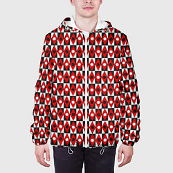 Куртка с капюшоном мужская Чёрно-белые ромбы и круги на красном фоне, цвет: 3D-белый — фото 2