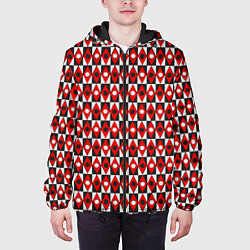 Куртка с капюшоном мужская Чёрно-белые ромбы и круги на красном фоне, цвет: 3D-черный — фото 2