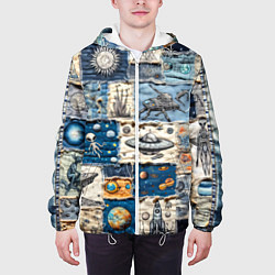 Куртка с капюшоном мужская Джинсовый пэчворк с пришельцами, цвет: 3D-белый — фото 2