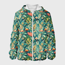 Куртка с капюшоном мужская Тропический фламинго в цветах, цвет: 3D-белый