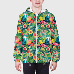 Куртка с капюшоном мужская Летние тропические котики с арбузным коктейлем, цвет: 3D-белый — фото 2