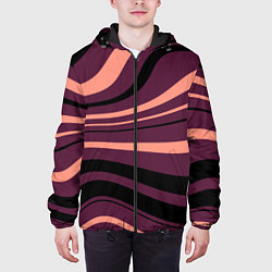 Куртка с капюшоном мужская Сливовый абстрактные волнистые полосы, цвет: 3D-черный — фото 2