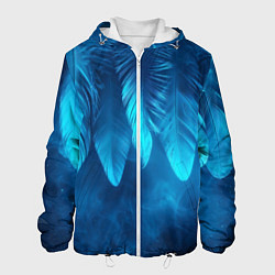 Куртка с капюшоном мужская Вертикальные синие перья и дым, цвет: 3D-белый