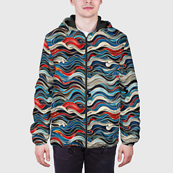 Куртка с капюшоном мужская Разноцветные абстрактные волны, цвет: 3D-черный — фото 2
