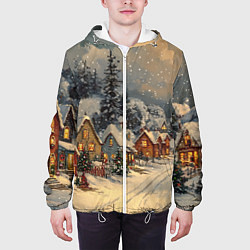 Куртка с капюшоном мужская Новогодние зимние домики, цвет: 3D-белый — фото 2
