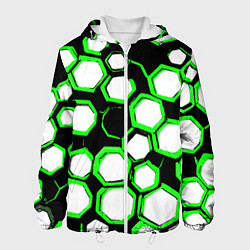 Куртка с капюшоном мужская Бело-зелёные шестиугольники на чёрном фоне, цвет: 3D-белый