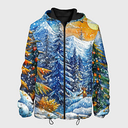 Куртка с капюшоном мужская Новогодние елки в лесу масляные краски, цвет: 3D-черный