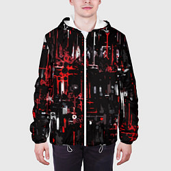 Куртка с капюшоном мужская Бело-красная тревожная абстракция на чёрном фоне, цвет: 3D-белый — фото 2