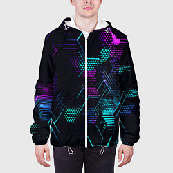 Куртка с капюшоном мужская Розово-голубые точки и линии на чёрном фоне, цвет: 3D-белый — фото 2