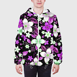 Куртка с капюшоном мужская Фиолетово-белые цветы на чёрном фоне, цвет: 3D-белый — фото 2