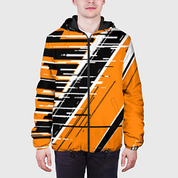 Куртка с капюшоном мужская Чёрно-белые глитч полосы на оранжевом фоне, цвет: 3D-черный — фото 2